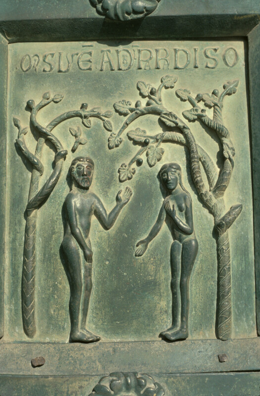 Monreale cathedral, bronze doors of Bonannus of Pisa, Adam and Eve in Paradise