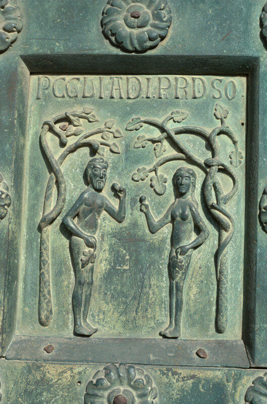 Monreale cathedral, bronze doors of Bonannus of Pisa, Adam and Eve sin in Paradise