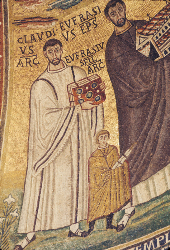 Poreč, Cathedral of Eufrasius, apse mosaic, left side, patrons, Bishop Eufrasius, Archdeacon Claudius, Claudius’ son, Eufrasius