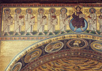 Poreč, Cathedral of Eufrasius, mosaic, triumphal arch, Christ and apostles above, medallions of virgin saints on intrados, left side