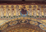 Poreč, Cathedral of Eufrasius, mosaic, triumphal arch, center, Christ and apostles above, medallions of virgin saints on intrados