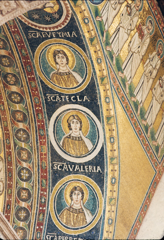 Poreč, Cathedral of Eufrasius, mosaic, triumphal arch, medallions of Sts. Euphemia, Thecla and Valeria on intrados, right side