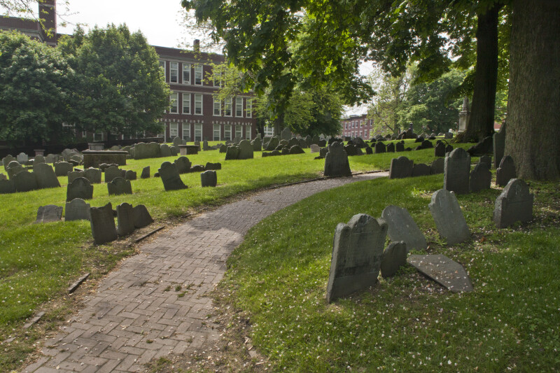 A Brick Walkway in a Cemetery