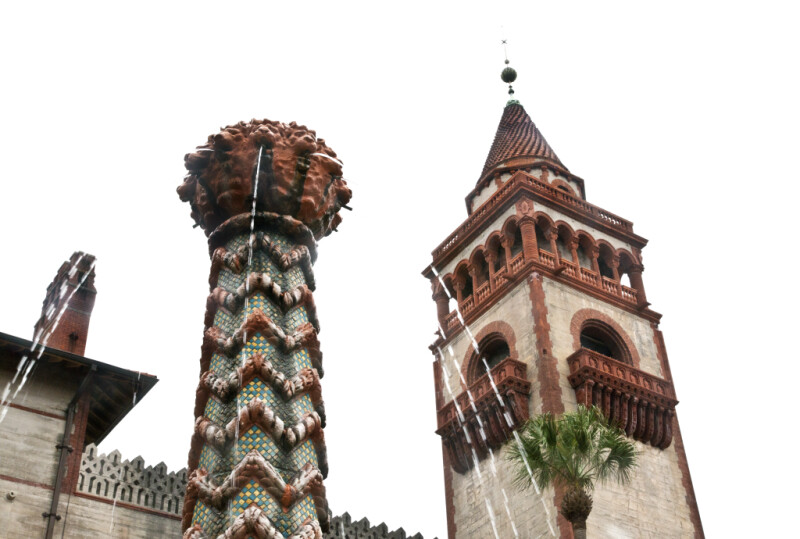 A Fountain Column and a Square Tower with a Conical Roof