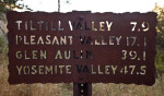 A Metal Sign on a Hiking Trail with Distances to Valleys