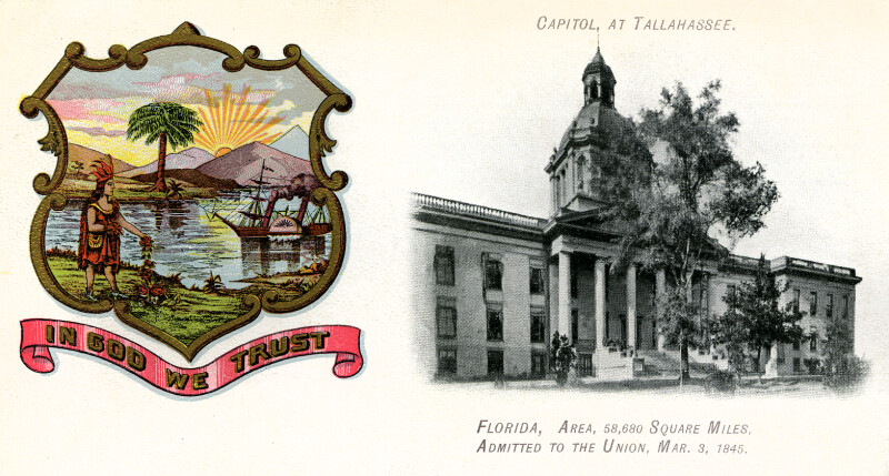 A Picture of the Capitol Building in Tallahassee, Florida and An Illustration of the State Seal