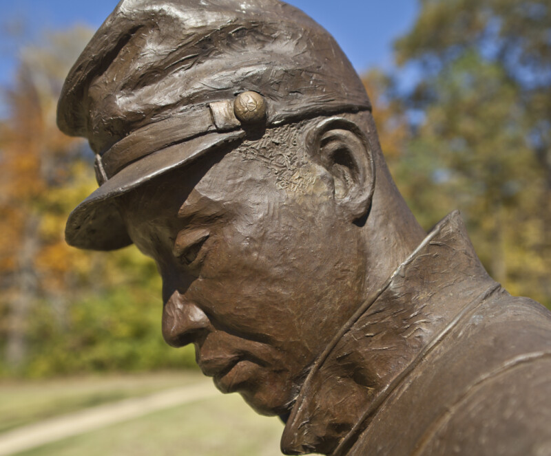 A Profile View of the Face of a Bronze Sculpture of Union Soldier
