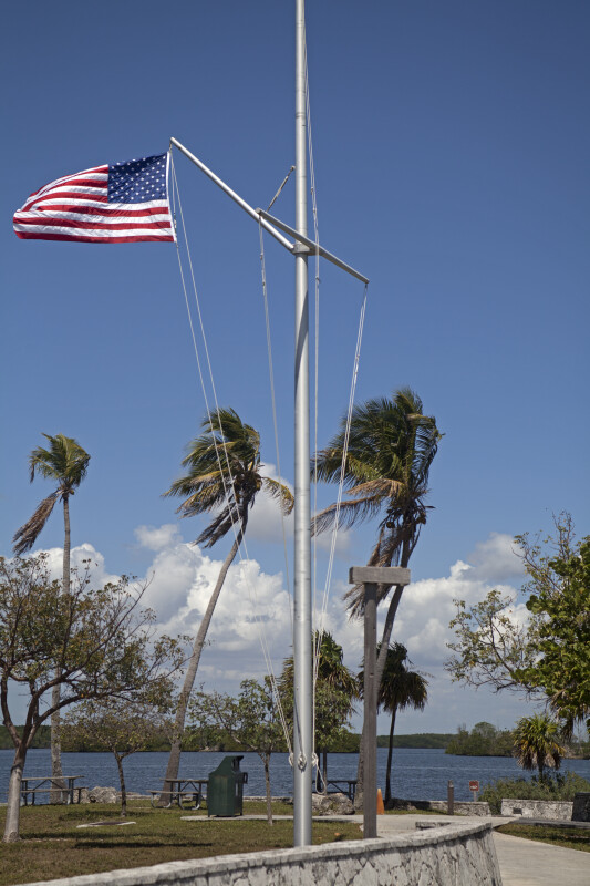 American Flag Attached to Post in Front of Palm Trees