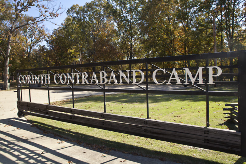 An Oblique View of the Entrance Sign at Corinth Contraband Camp
