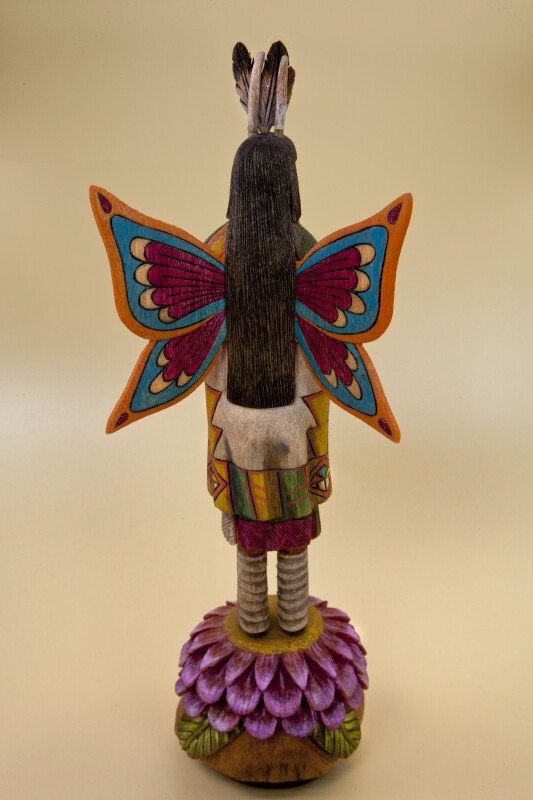 Arizona Hand Carved Butterfly Maiden Hopi Figure with Long Black Hair and Colorful Wings (Back View)