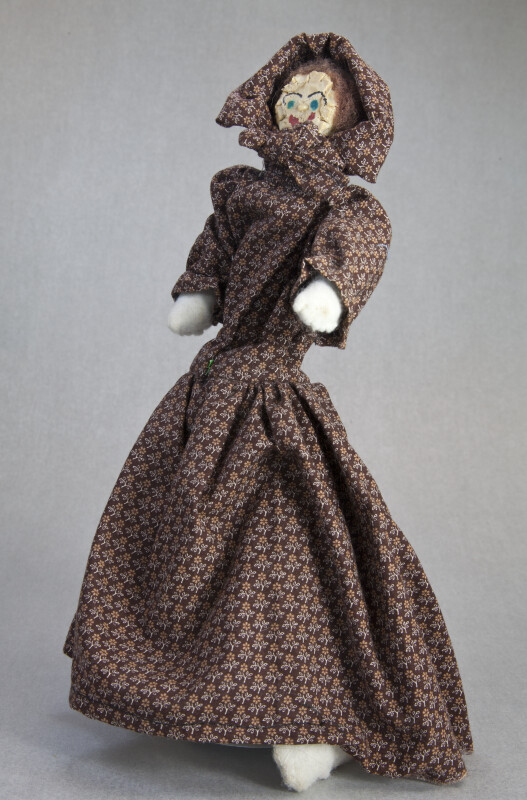 Arkansas Pioneer Doll Made from Corn Cobs with Dress and Bonnet (Three Quarter View)