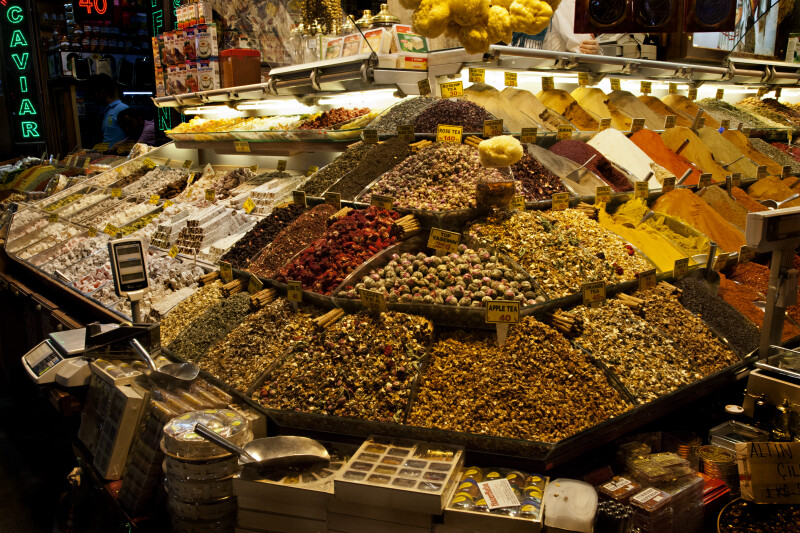 Assorted Snacks and Spices at the Spice Bazaar in Istanbul, Turkey
