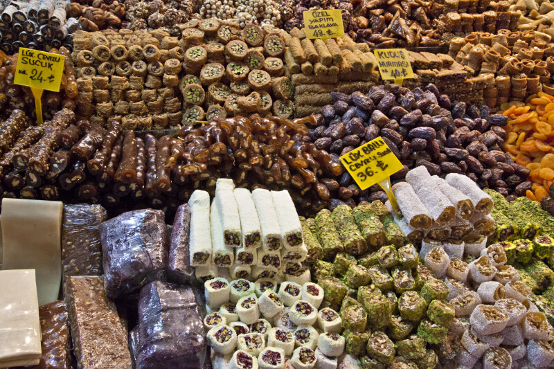 Assortment of Natural Snack Foods at the Spice Bazaar in Istanbul, Turkey