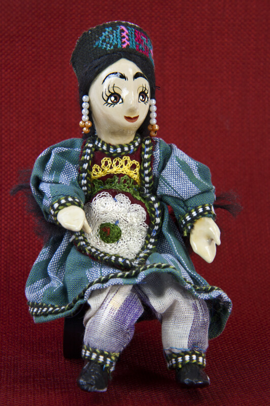 Azerbaijan Handcrafted Doll with Embroidered Pillbox Cap (Full View Seated)