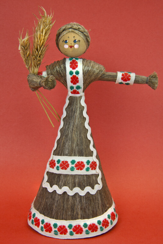 Belarus Female Doll Made with a Cardboard Cone, Wood Bead and Wheat Fibers, (Full View)