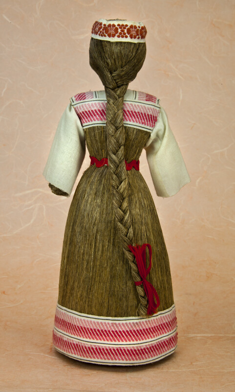 Belarus Hand Made Doll with Long Braid Made from Natural Fibers and Head Band of Decorative Ribbon (Back View)