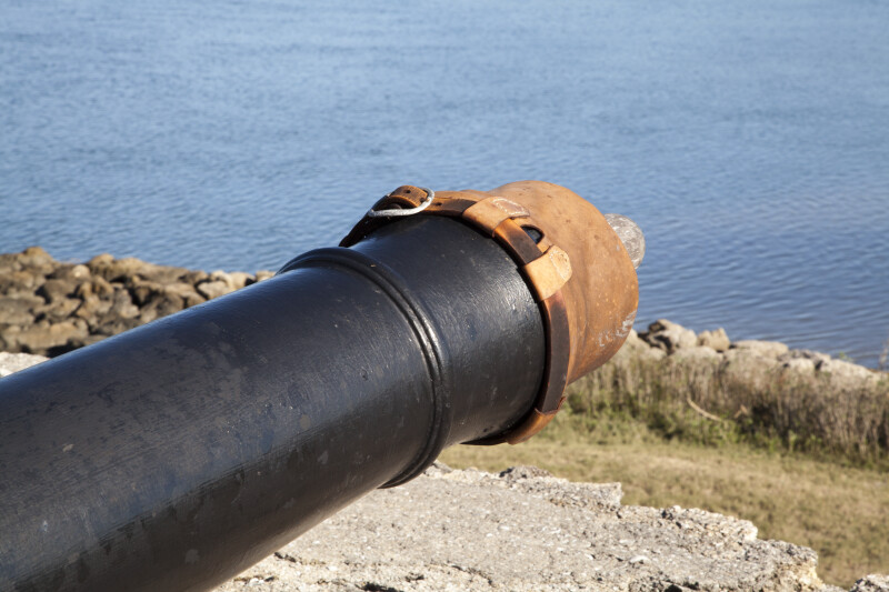 Cannon with a Leather Covering Strapped Over the End of the Barrel, Close-up