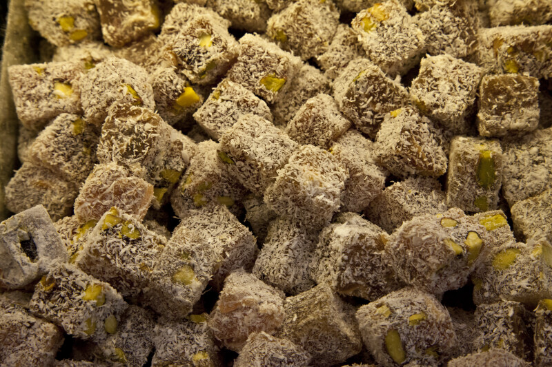 Coconut Pistachio Cubes at the Spice Bazaar in Istanbul, Turkey