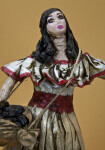 Costa Rica Female Figure Handcrafted with Paper and String, Wearing Traditional Dress While Carrying Coffee Beans (Close Up)