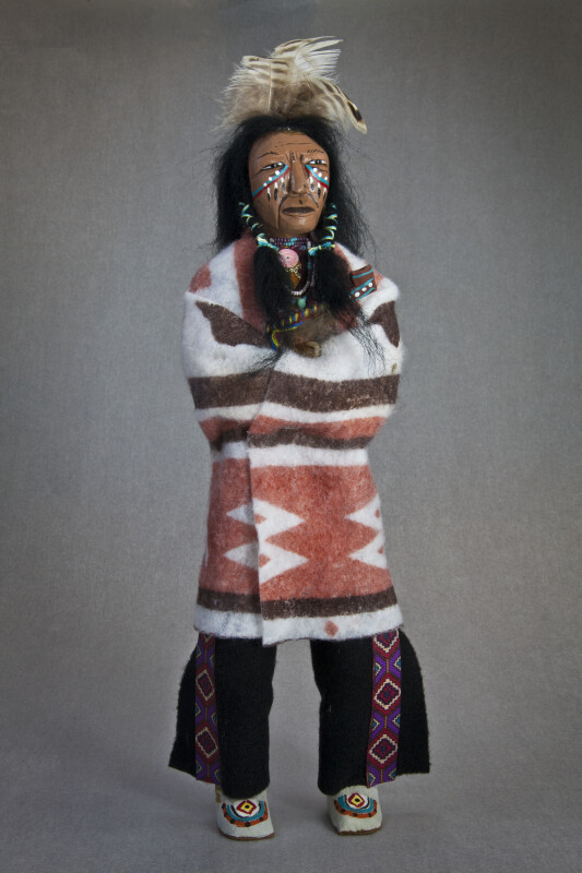 Georgia Indian Doll Hand Carved from Wood with Feathers and Peace Pipe (Full View)