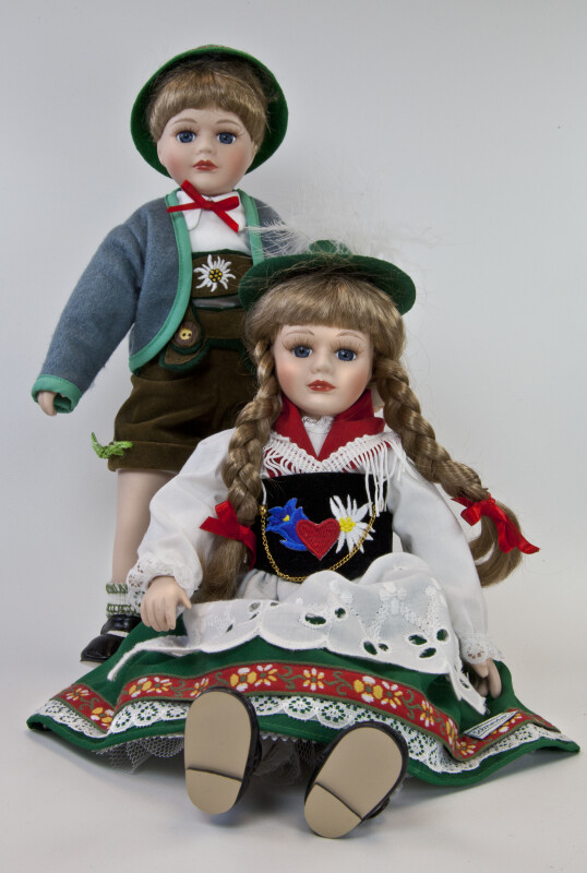 Germany Bavarian Boy and Girl Dolls Dressed in Folk Costumes and Hats (Full View)