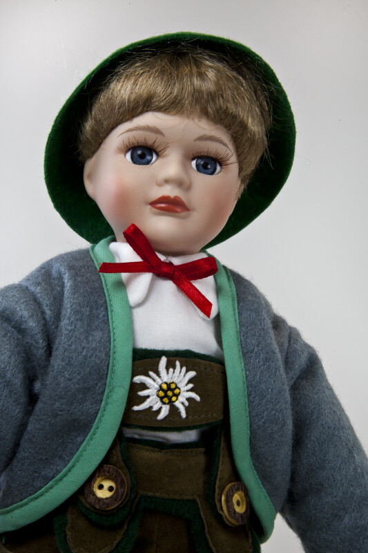 Germany Male Doll Dressed in Lederhosen, Hat, and Jacket (Three Quarter View)