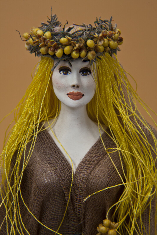 Greece Female Nymph with Hand Painted Ceramic Face and Dried Flowers (Close Up)
