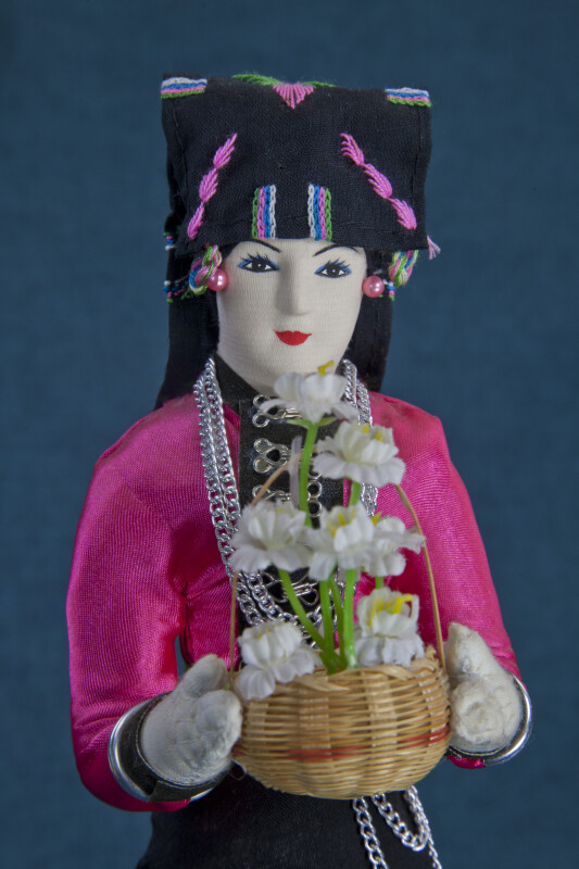 Laos Woman in Traditional Costume with Straw Basket (Close Up)