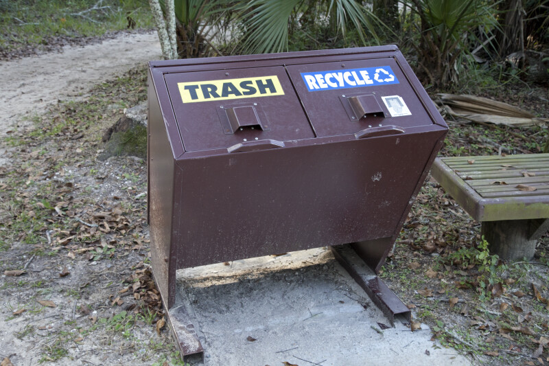 Metal Trash and Recycling Receptacle Along the Fort Caroline Nature Trail