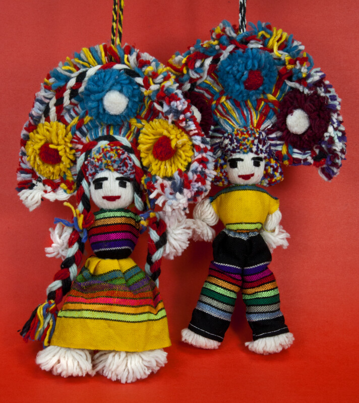 Mexico Pair of Dolls Made from Yarn with Large Headdresses of Yarn Pom-poms (Full View)