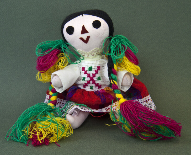 Mexico Stuffed, Jointed Doll with Colorful Yarn Braids (Sitting View)