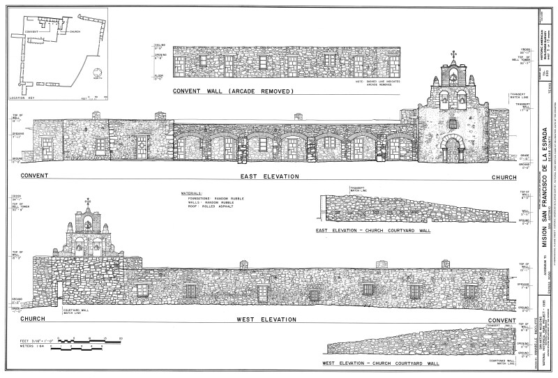 Mission Espada East and West Elevation Drawings