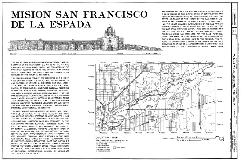 Mission Espada East Elevation and Location Map