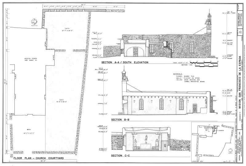 Mission Espada South Elevation and Section Drawings