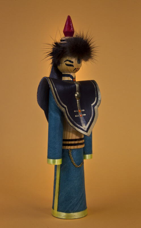 Mongolia Handcrafted Mongolian Male Doll Made from Wood and Wearing Traditional Clothing (Three Quarter View)