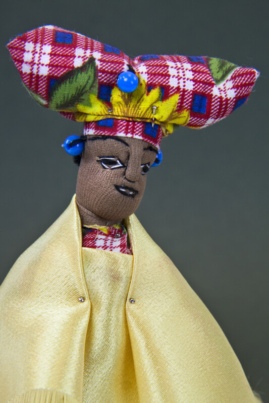 Namibia Fabric Herero Woman Doll with Traditional Dress and Hat Resembling Cow Horns (Close Up)