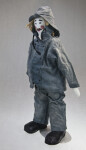 Nova Scotia Fisherman Doll Wearing Oil Cloth Hat, Jacket, and Pants (Three Quarter View)