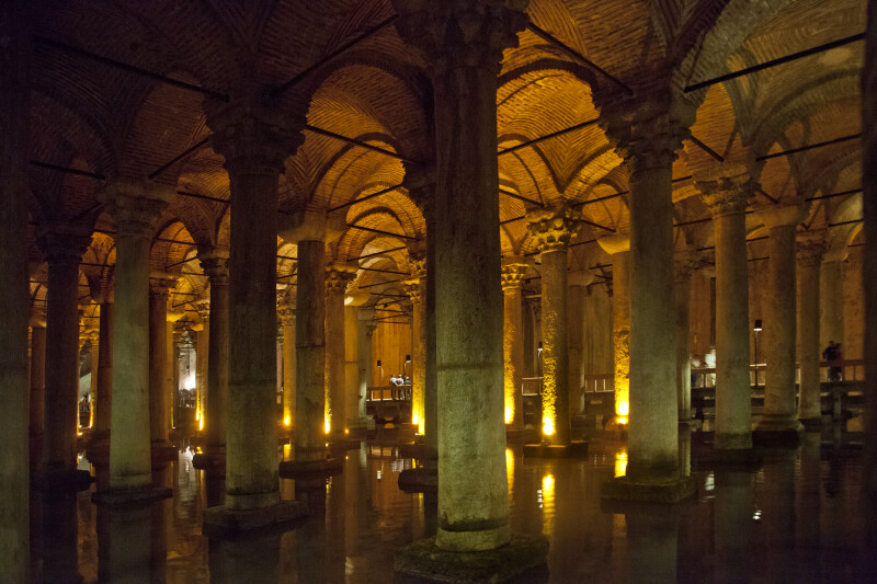 Numerous Columns at the Dimly-Lit Basilica Cistern