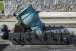 Oxidized, Bronze Mortar Along with Cannonballs