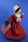 Pennsylvania Wood and Cloth Puppet with String Controls of Betsy Ross and Flag (Three Quarter View)