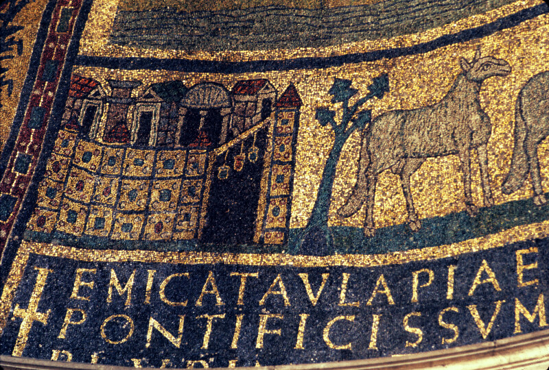 Rome, Santa Prassede, apse mosaic, procession of lambs, city of Bethlehem, inscription