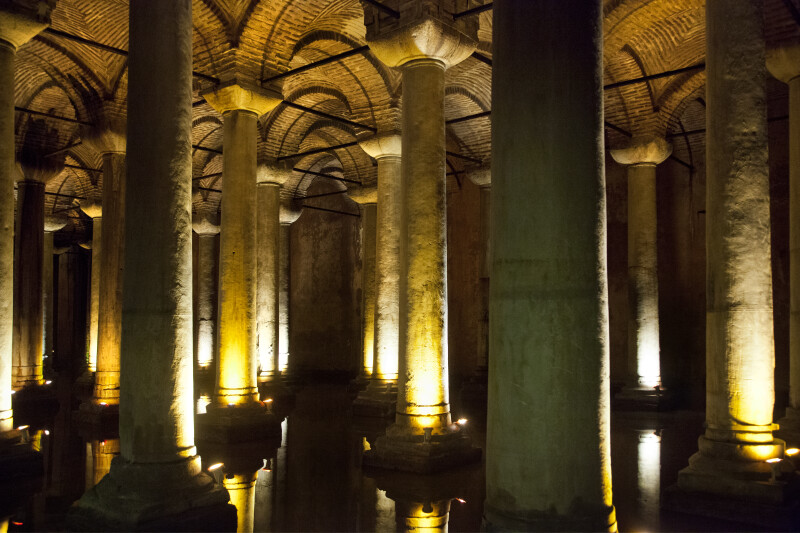 Shallow Pool of Water Reflecting Numerous Columns at the Basilica Cistern