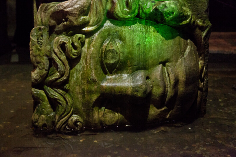 Sideways Head of Medusa in Shallow Water at the Basilica Cistern