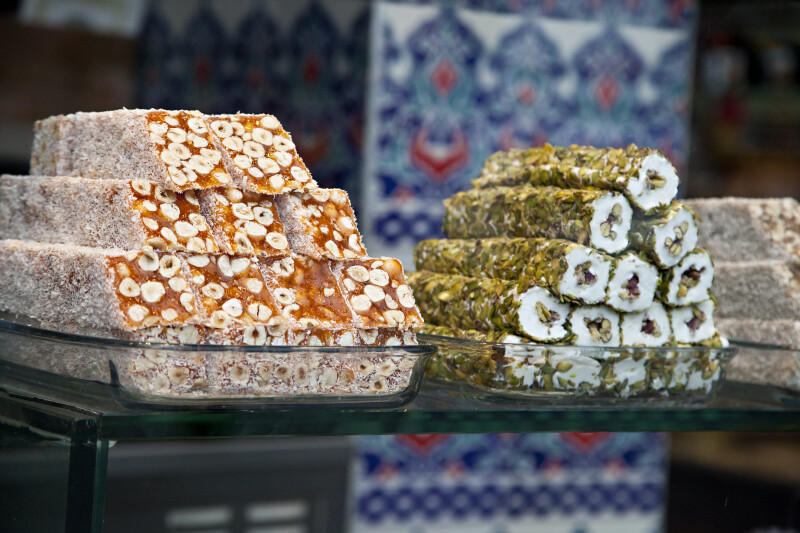 Stacked Turkish Delights in Glass Pans