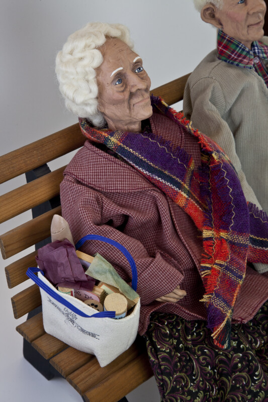 Texas Ceramic, Tall Female Senior Citizen with Burlap Bag Filled with Groceries (Three Quarter View)