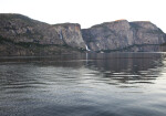 Tueeulala Falls, Wapama Falls, and Hetch Hetchy Dome from the Reservoir