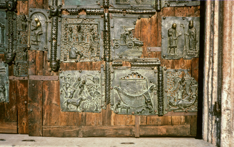 Verona, San Zeno, bronze doors, six panels, King Nebuchadnezzar and the fiery furnace, two scenes of St. Zeno, Abraham’s sacrifice of Isaac, Noah’s ark, and St. Michael and the dragon