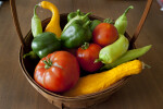 Wicker Basket Containing Beefstake Tomatoes, Green Bell Peppers, Light-Green Chili Peppers, & Crookneck Squash