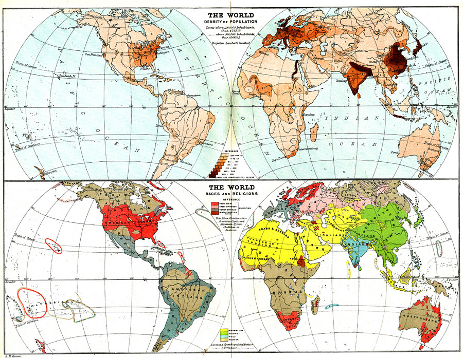 The World: Density of Population; Races and Religions