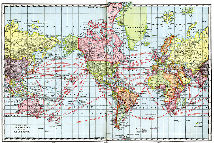 A Map of the World showing Ocean Routes